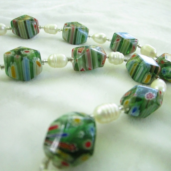 2 glass bead necklaces in green, 1 millefiori, 1 modern, wear or repurpose - Picture 5 of 10